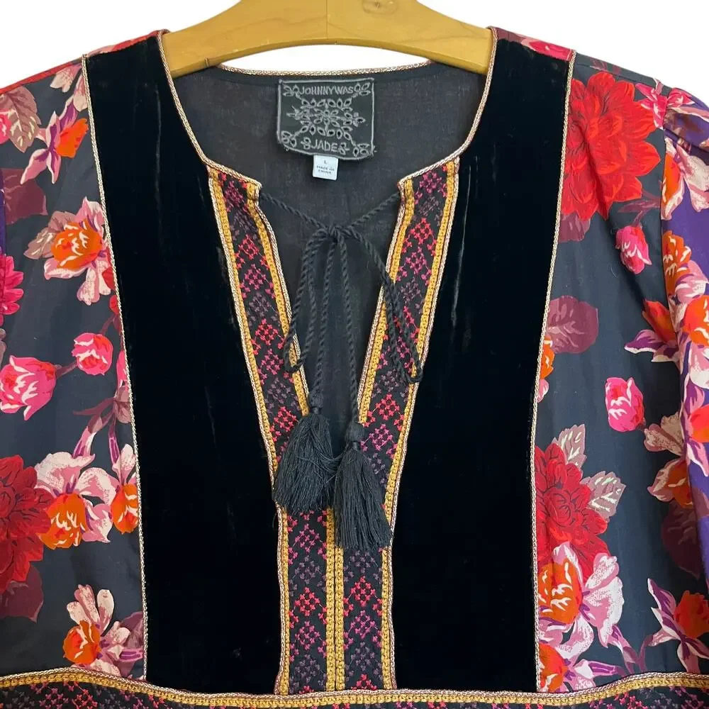 Johnny Was Jade Kimmy Smocked Floral-Print Peasant Top Embroidered Velvet Trim L